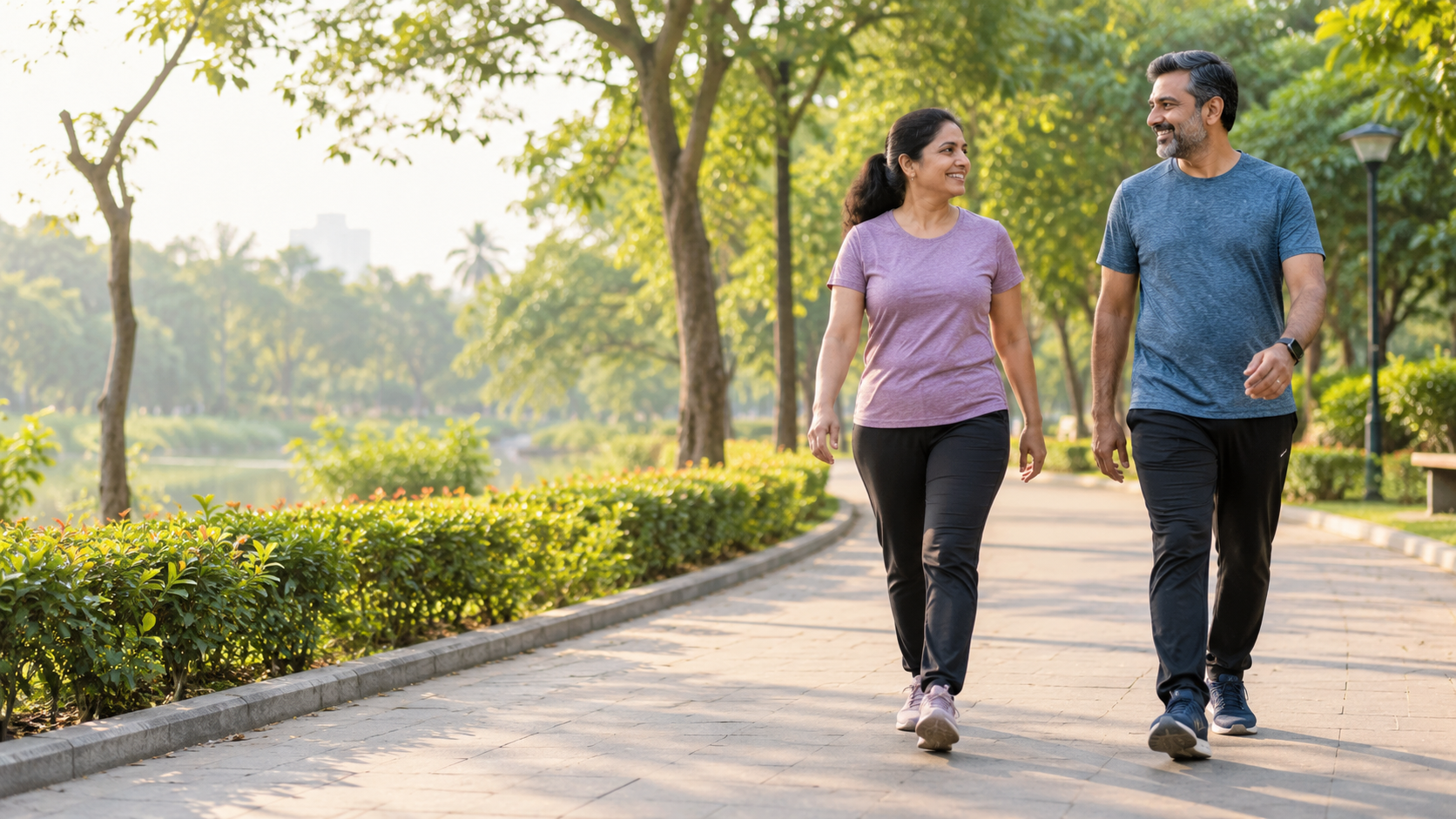 Walking for beginners: two adults walking together on a park path